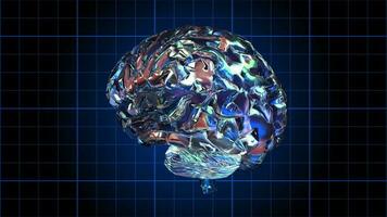 un humano cerebro cargado con pensamiento gira en un azul cuadrícula - lazo video