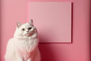 Beautiful fluffy adult cat isolated on a pink background.  Generative Ai. photo