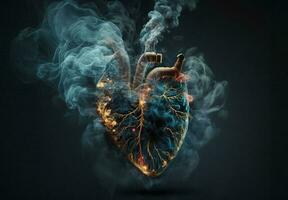Heart on the dark background full of black smoke, with advanced 3D rendering. Generative AI. photo