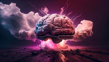 fantasía Arte ilustración de un humano cerebro explotando con conocimiento y creatividad, ai generativo. foto