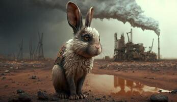 little Rabbit standing in front Toxic mass from chemical. . photo