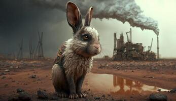 little Rabbit standing in front Toxic mass from chemical. AI Generative. photo