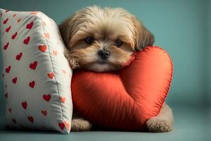 Beautiful dog with heart shaped pillow.  generative AI. photo