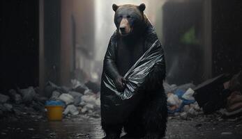 A bear holding a garbage bag stands among piles of plastic waste looking for food and shelter, Concept of saving the world. Generative AI. photo