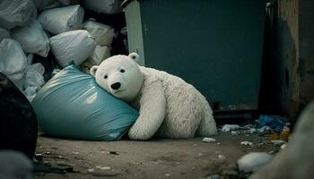 A white bear sleeps next to a pile of garbage among a pile of plastic waste, Concept of saving the world. Generative AI. photo