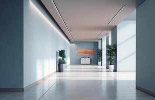 Business office interior with private rooms and corridor, mockup wall on empty space for text. . photo