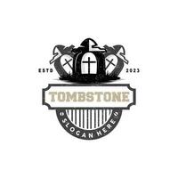 Tombstone Logo, Tomb Cemetery Cross, Vector Vintage Label, Retro Badge, Inspirational Design