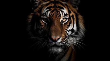 Tiger face on black background on empty space for text. Generative AI. photo