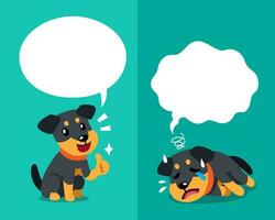 Vector cartoon character german hunting terrier dog expressing different emotions with speech bubbles