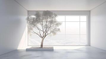 minimal white room with tree in room 3d illustration. Generative AI. photo