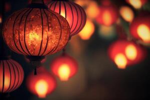 Happy Chinese New Year 2023 greeting card with traditional asian lanterns on red glowing banner background. . photo