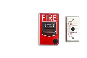 Manual pull fire alarm switch safety system box installed and fire extinguisher on white wall background. photo