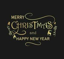 Merry Christmas Calligraphic Inscription Decorated with Golden deers. Vector