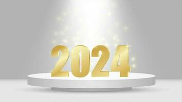 Happy New Year 2024. Gold numbers on a white podium with illumination .Vector vector