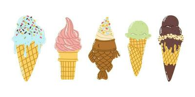 Set different colorful ice cream in waffle cone with sprinkling in flat vector style isolated on white background