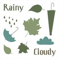Autumn or spring cartoon set. Vector flat seasonal nature collection. Umbrella, leaf, leaves, rain, text, lettering, cloud. Design elements for sale, banner, package.
