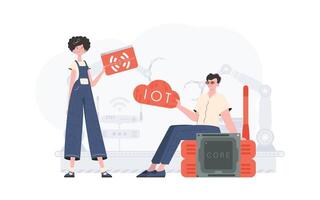 A man and a woman are a team in the field of the Internet of things. Internet of things and automation concept. Good for presentations and websites. Vector illustration.