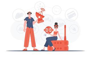 Internet de cosas y automatización concepto. un hombre y un mujer son un equipo en el campo de el Internet de cosas. bueno para sitios web y presentaciones vector ilustración en plano estilo.