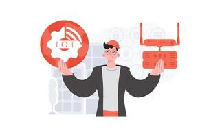 Internet de cosas y automatización concepto. un hombre es participación un Internet cosa icono en su manos. enrutador y servidor. bueno para presentaciones y sitios web vector ilustración en de moda plano estilo.