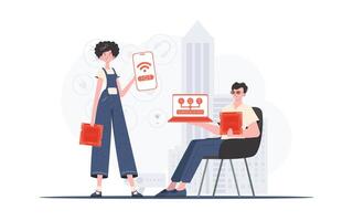 IOT and automation concept. The girl and the guy are a team in the field of Internet of things. Good for websites and presentations. Vector illustration in trendy flat style.