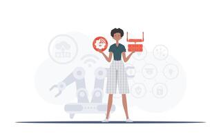 Internet de cosas y automatización concepto. un mujer es participación un Internet cosa icono en su manos. enrutador y servidor. bueno para presentaciones y sitios web vector ilustración en de moda plano estilo.