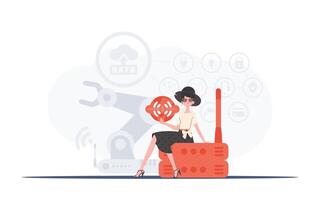 Internet de cosas concepto. un mujer es participación un Internet cosa icono en su manos. enrutador y servidor. bueno para sitios web y presentaciones vector ilustración en de moda plano estilo.