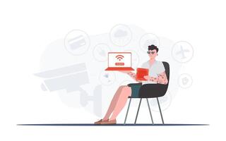 The guy holds a laptop and a processor chip in his hands. Internet of things and automation concept. Trendy flat style. Vector illustration.