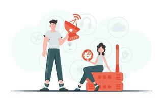 IoT concept. The girl and the guy are a team in the field of IoT. Good for presentations and websites. Vector illustration.