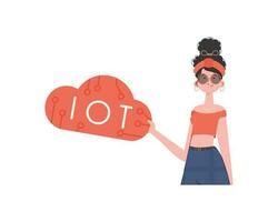 un mujer sostiene el iot logo en su manos. iot concepto. aislado. vector. vector