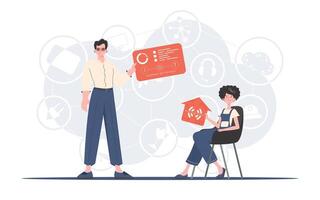 Internet of things concept. The girl and the guy are a team in the field of IoT. Good for presentations and websites. illustration in trendy flat style. vector