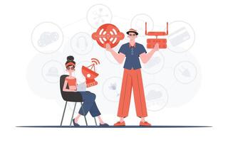 Internet of things and automation concept. The girl and the guy are a team in the field of Internet of things. Good for presentations and websites. Trendy flat style. Vector. vector