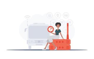 Internet of things concept. A woman is holding an internet thing icon in her hands. Router and server. Good for presentations and websites. Vector illustration in flat style.