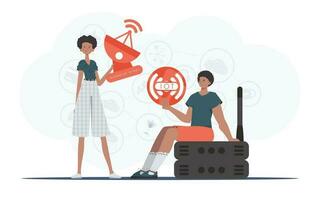 IoT concept. The girl and the guy are a team in the field of IoT. Good for presentations and websites. Vector illustration in flat style.