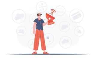 un hombre sostiene un satélite plato en su manos. iot concepto. bueno para presentaciones, sitios web y tipografía. de moda plano estilo. vector ilustración.