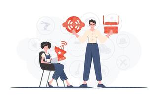 Internet of things and automation concept. The girl and the guy are a team in the field of Internet of things. Good for presentations and websites. Vector illustration in flat style.