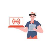 A man holds a laptop and a processor chip in his hands. Internet of things concept. Isolated. Vector. vector