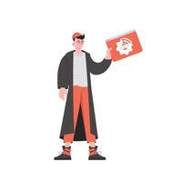 A man holds an IoT logo in his hands. Internet of things and automation concept. Isolated. . vector