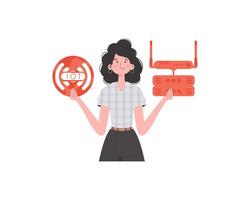 un mujer es participación un Internet cosa icono en su manos. enrutador y servidor. iot y automatización concepto. aislado. vector ilustración en plano estilo.