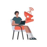 Internet of things and automation concept. The guy is holding a satellite dish in his hands. Isolated. illustration in flat style. vector