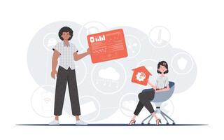 Internet of things concept. The girl and the guy are a team in the field of Internet of things. Good for presentations and websites. Vector illustration in flat style.