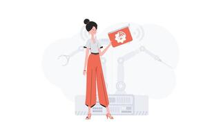 un mujer es participación un Internet cosa icono en su manos. iot concepto. bueno para presentaciones y sitios web vector ilustración en plano estilo.