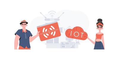 The girl and the guy are a team in the field of Internet of things. IOT and automation concept. Good for websites and presentations. Vector illustration in flat style.