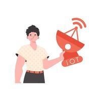 Internet of things concept. The guy is holding a satellite dish in his hands. Isolated on white background. Vector illustration in flat style.