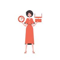 A woman is holding an internet thing icon in her hands. Router and server. Internet of things concept. Isolated. Vector illustration in trendy flat style.