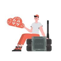 The guy sits on the router and holds the internet of things logo in his hands. Internet of things and automation concept. Isolated. illustration in flat style. vector