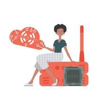A woman sits on a router and holds the internet of things logo in her hands. Internet of things and automation concept. Isolated. illustration in trendy flat style. vector