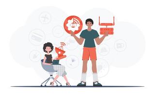 Internet of things and automation concept. The girl and the guy are a team in the field of Internet of things. Good for websites and presentations. Trendy flat style. Vector. vector