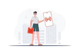 IoT concept. A man holds a phone with the IoT logo in his hands. Trendy flat style. Vector illustration.