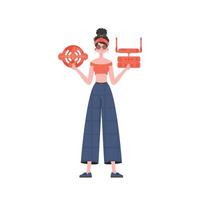 A woman is holding an internet thing icon in her hands. Router and server. IoT concept. Isolated. Vector illustration in trendy flat style.