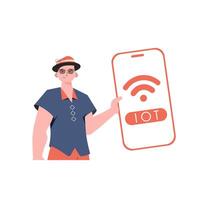 el chico es participación un teléfono con el iot logo en su manos. Internet de cosas y automatización concepto. vector ilustración en plano estilo.